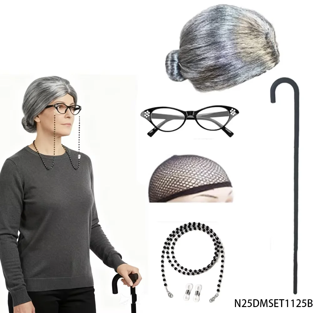 

PESENAR Old Lady Costume Kit Gray Updo Wig Eyeglasses Eyeglass Chain Hair Net Cane Funny Cosplay Accessories