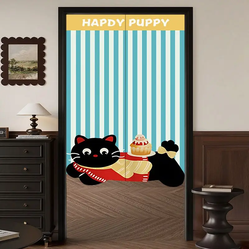 VIKAMA Cute Cartoon Black Cat Hanging Door Curtain, Striped Half Door Privacy Curtain, Soft Fabric Home Decor Noren