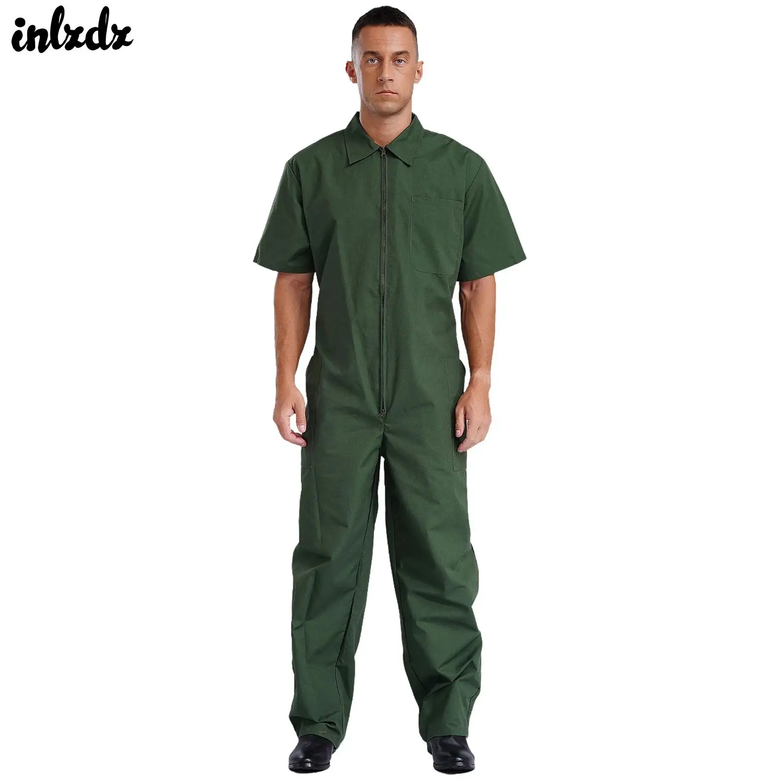 Mens Workshop Rompers Dungarees Coveralls Workwear Resistant Work Overalls Jumpsuit Shorts Sleeve Front Zipper Multiple Pockets