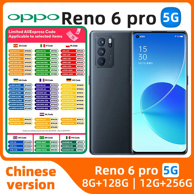 Oppo Reno6pro 5G Android débloqué, téléphone d'origine d'occasion, 6.55 pouces, 12 Go de RAM, 256 Go de ROM, Dean, toutes les couleurs, en bon état