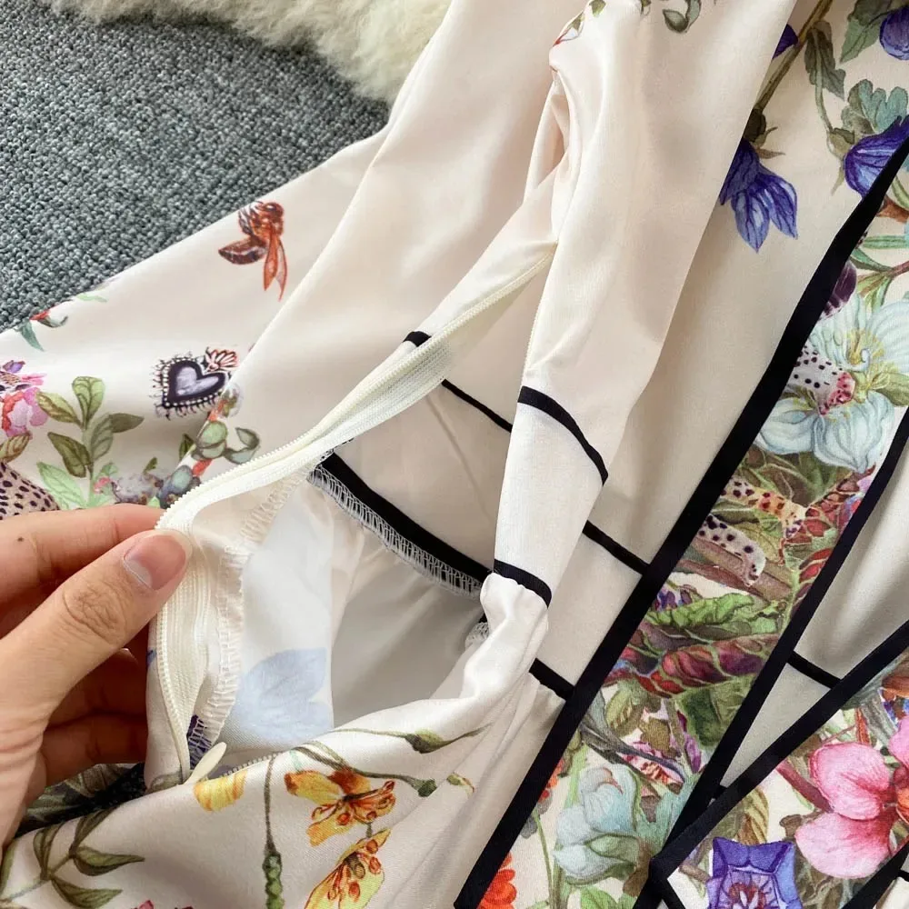 Elegant Long Sleeves Vintage Bow Neck Lace-up Chic Print Lace Spliced Slim Dresses Evening High Street Autumn Winter Clothing