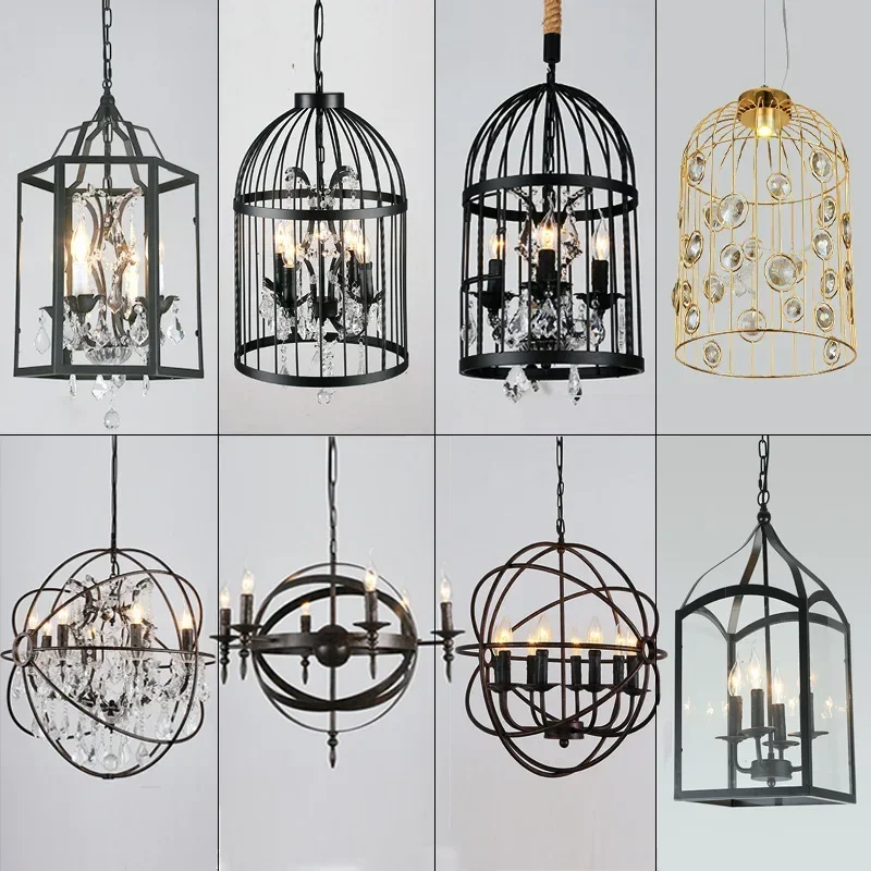Vintage Birdcage Crystal Chandelier, Classic Black Metal Fixture, Retro Living Room Lighting, Nostalgic Decor Pendant Lights