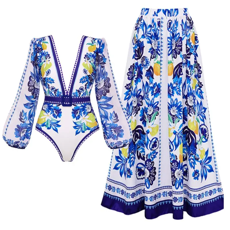 Printed One Piece Swimsuit Set Long Sleeve Beach Wear Printed Bathing Suit bodysuit wholesale clearance