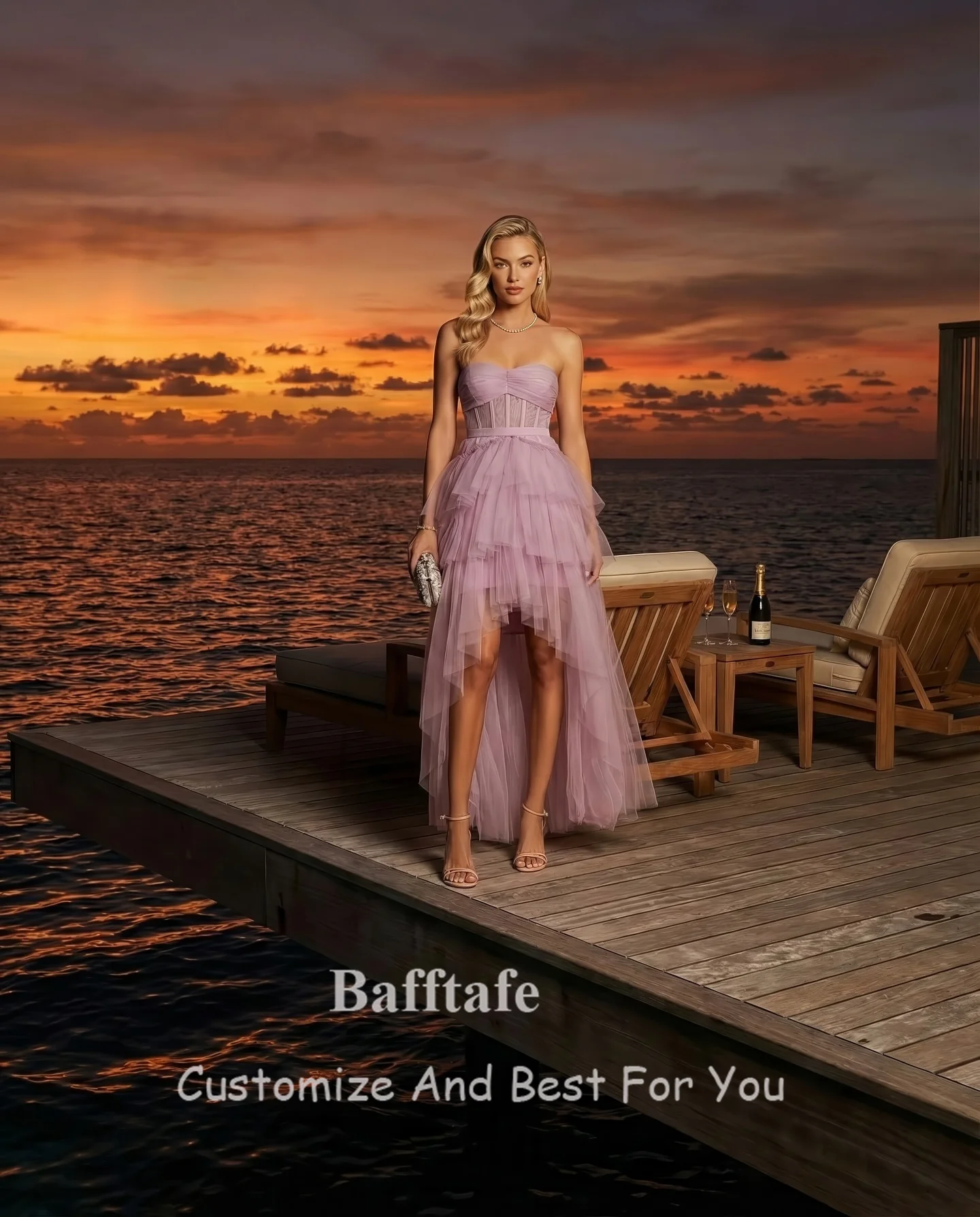 Bafftafe Customized Formal Women's Prom Dresses Short Front Long Back Tulle Tiered Homecoming Party Occasion Dress Evening Gowns