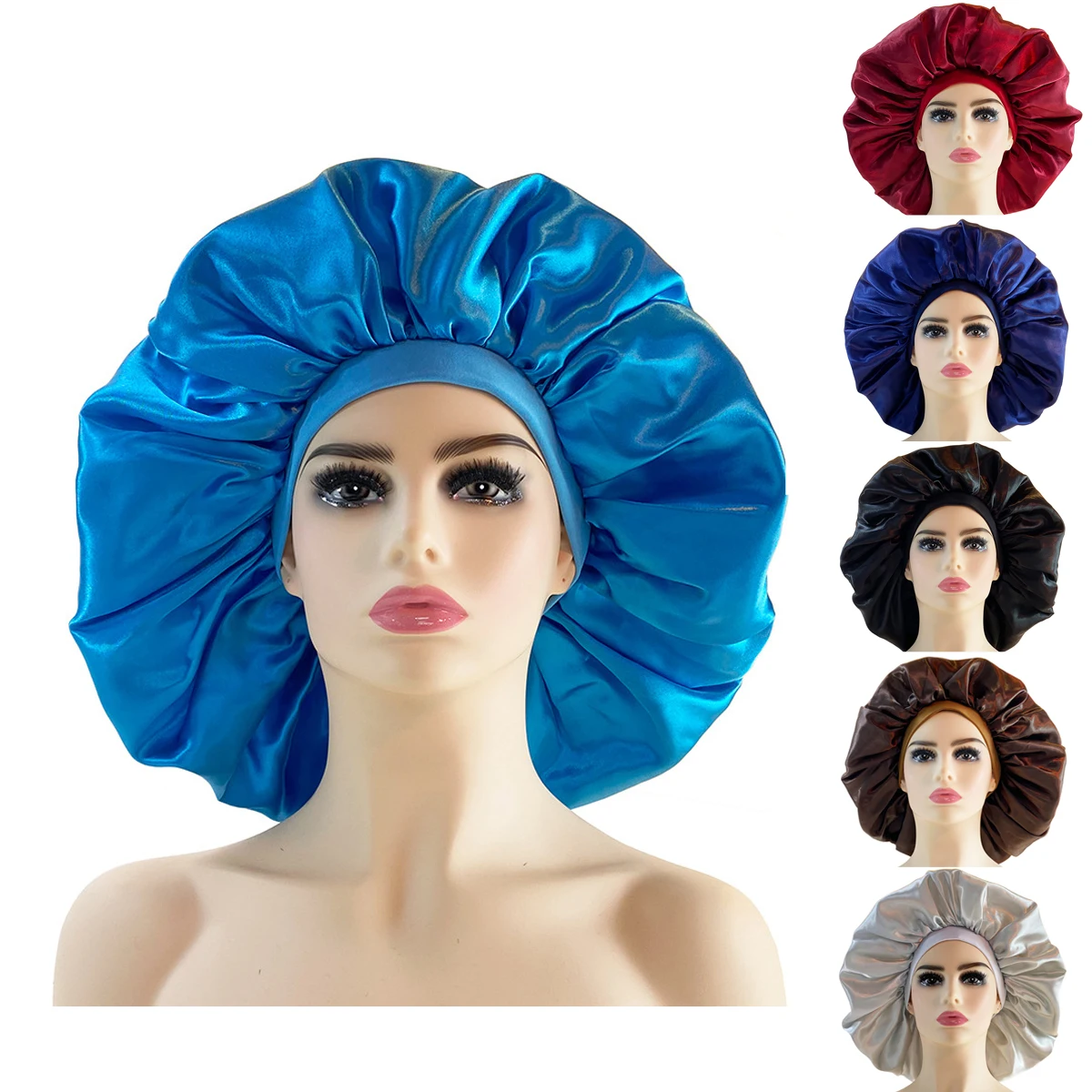 

1PC Night Sleeping Cap Satin Bonnets Large Elastic Soft Band Colorful Silk Hat for Curly Hair Care Beauty Makeup For Women