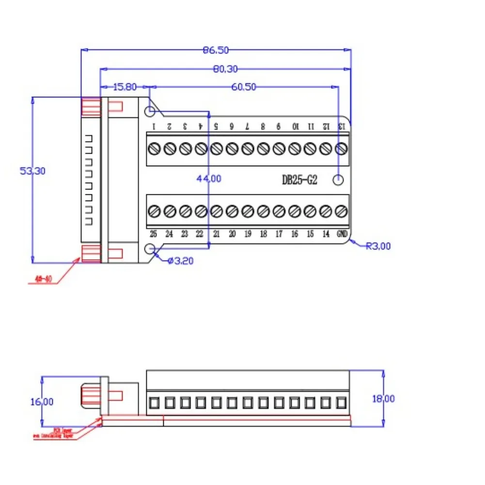 DB25 Male to Terminal Block Adapter with 25-Pin Full Copper Connector Nut Type DB25-G2-01 Suitable for DB25 Signal Applications