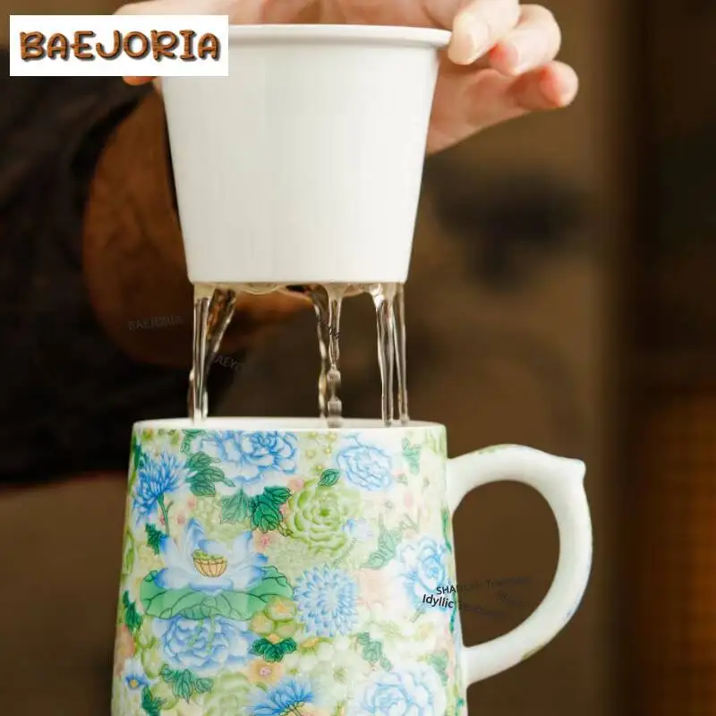 BAEJORIA Colour Enamels Green Peony Travel Tea Set Kit Ancient 1 Pot 3 Cups Tea Maker Organizer Portable Outdoor Handbag Gift