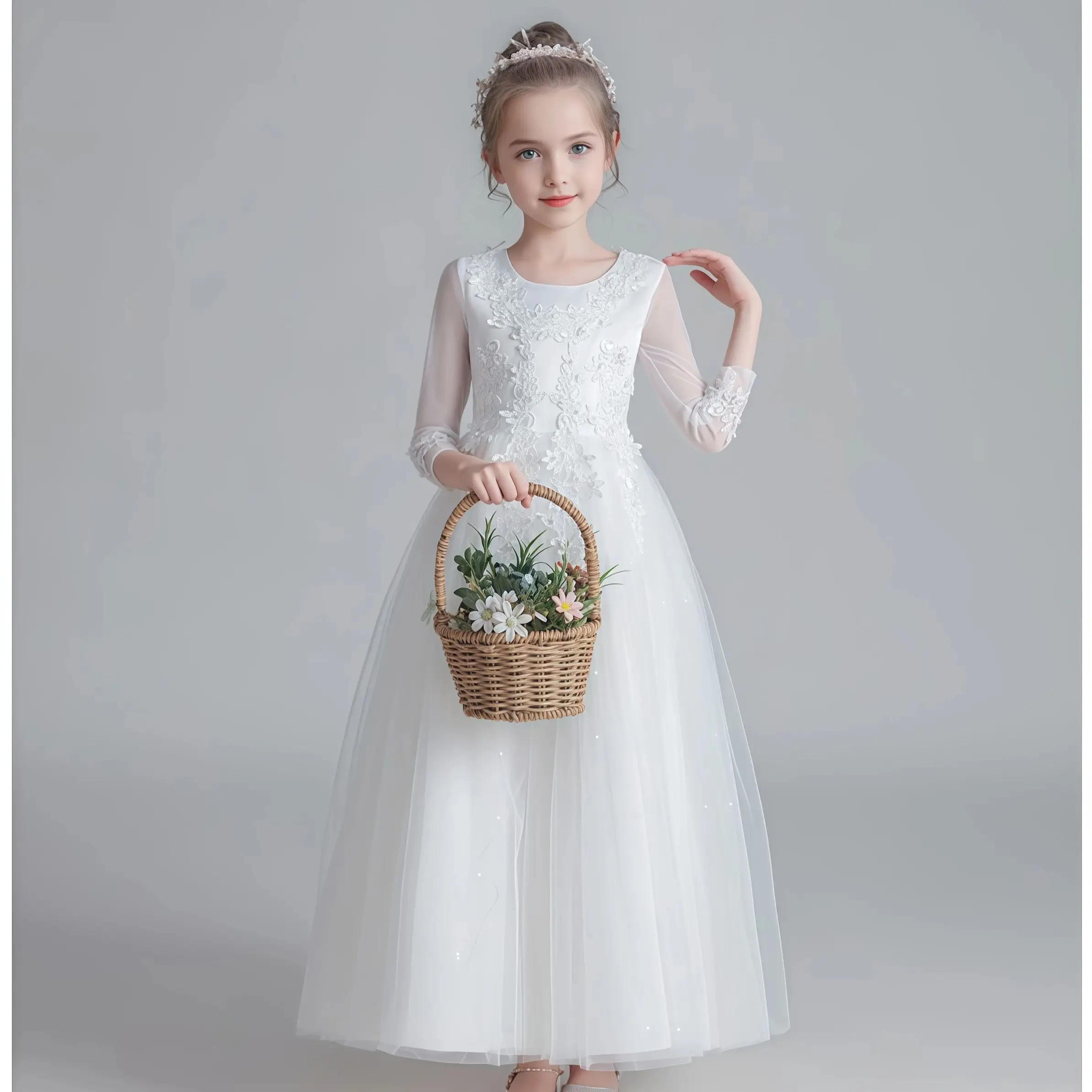 White Dress Flower Girls Bow Tulle Princess Dress For Children Birthday Party First Communion Wedding Festival Pageant Vestidos view 6