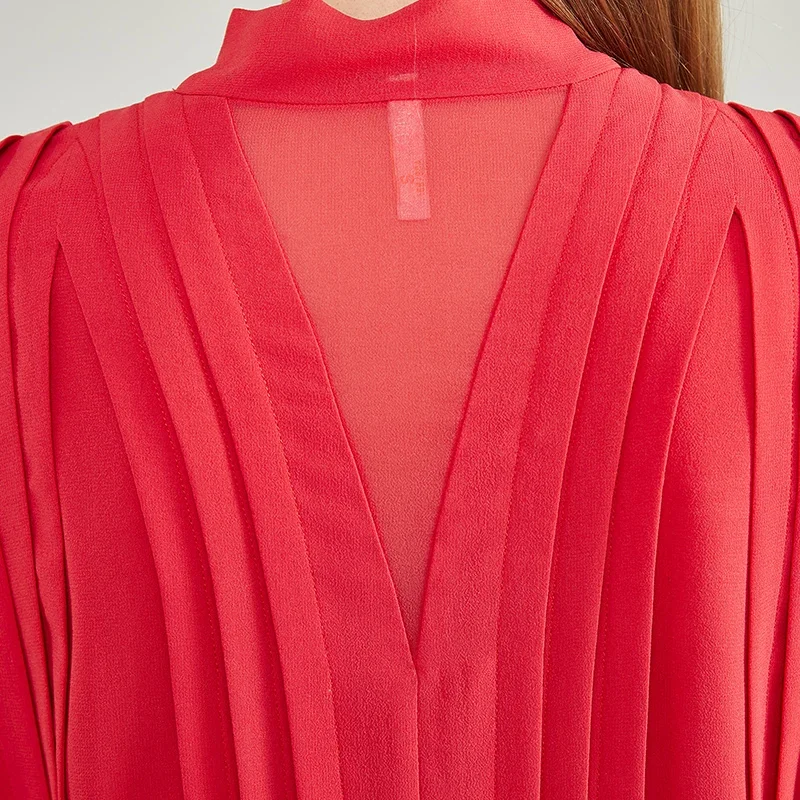 Voa seda vermelha três camadas georgette design com decote em v envelope fita plissada quente e graciosa senhora novo vestido estilo chinês ae2195