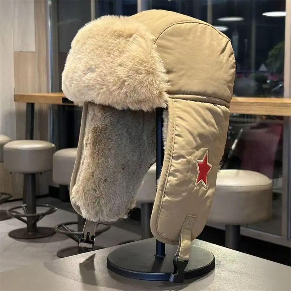 Faux Fur Lined Lei Feng Earflap Hat Windproof Thickened Pullover Cap Cold-Resistant Red Star Ushanka Hat Unisex Pilot's Hat