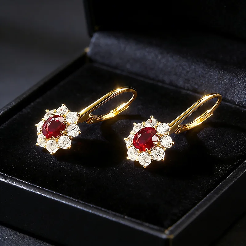 luxury real gold jewelry 24k certifid sunflower 5*6mm oval pigeon blood red earrings au9999 pure gold medieval style earrings