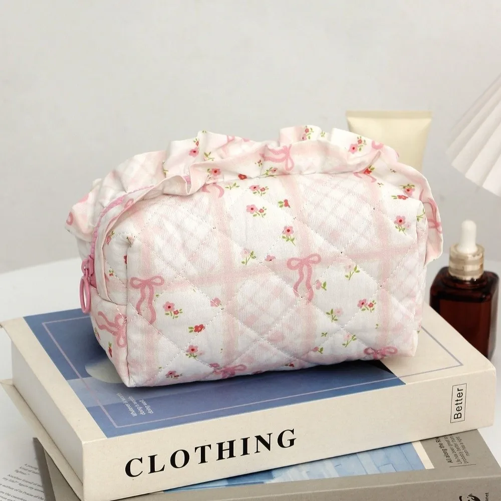 Portable Ruffled Edge Quilted Makeup Bag Bowknot Large Capacity Cosmetic Storage Bag Floral Print Travel Wash Bag