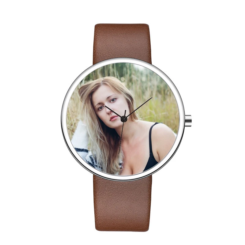 Custom Design Wrist Watch Japanese Quartz Movt Genuine Leather Strap Personalized Face Background Watch Picture Gift