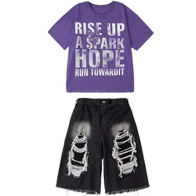 Kid Hip Hop Clothing Purple Letters T Shirt Black Distressed Ripped Jeans Shorts Middle Pants for Girl Boy Dance Costume Clothes view 5