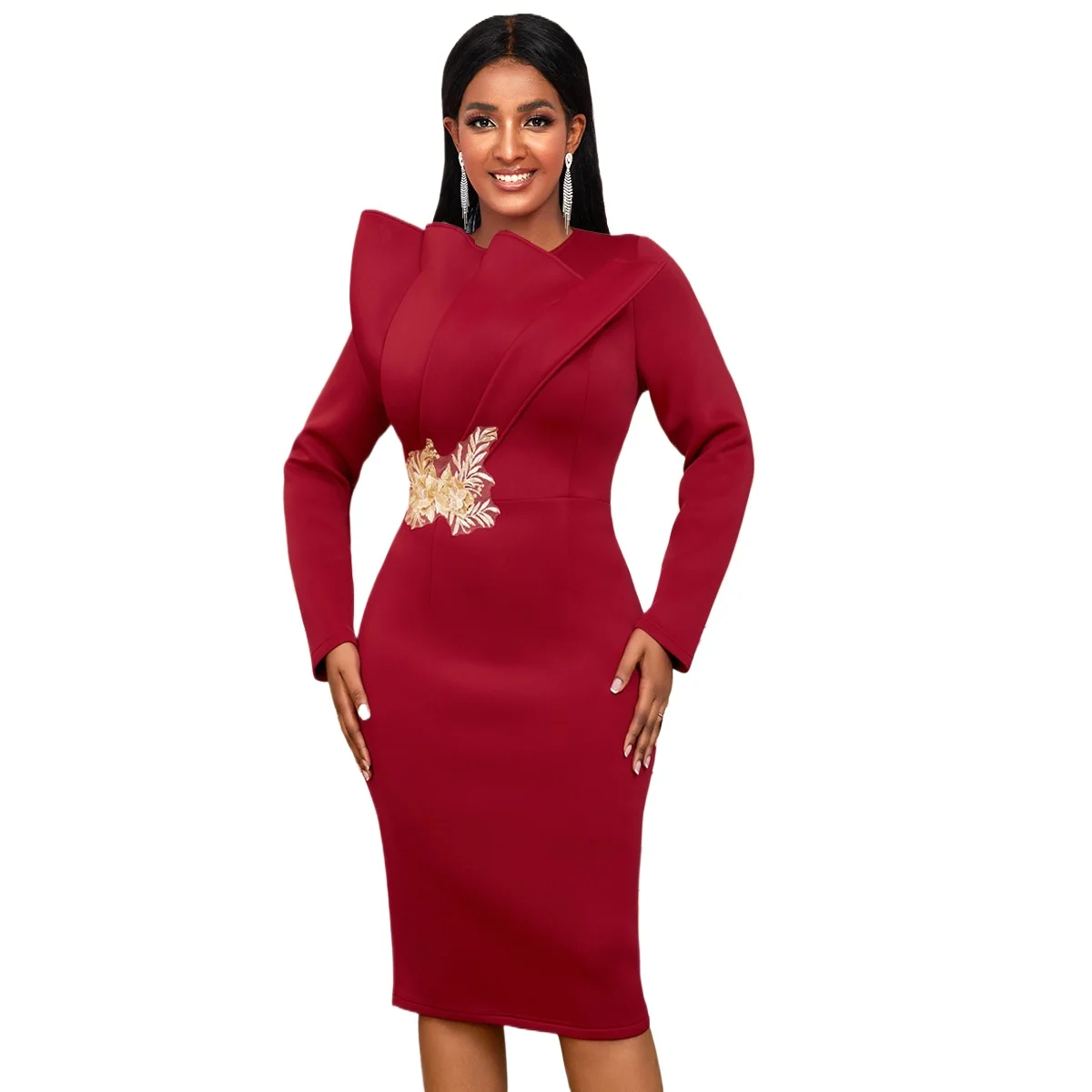 

Chic Pleated Top Waist Embroidery Flowers Knee Length Formal Mother of Bride Dress