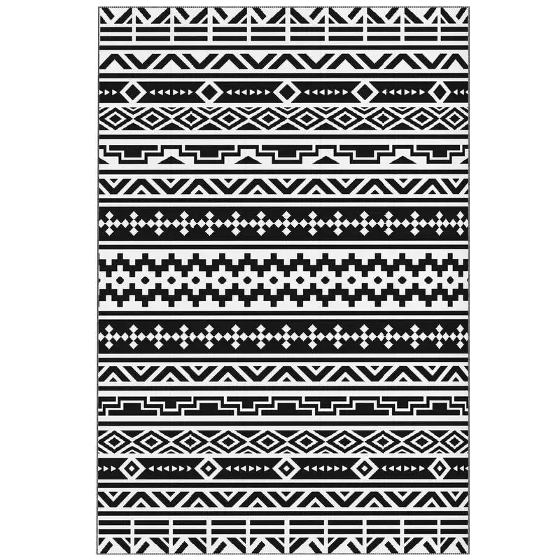 

Reversible Outdoor Rug, Waterproof Plastic Straw with Carry Bag, 6' x 9', Black &amp- White Geometric Wall