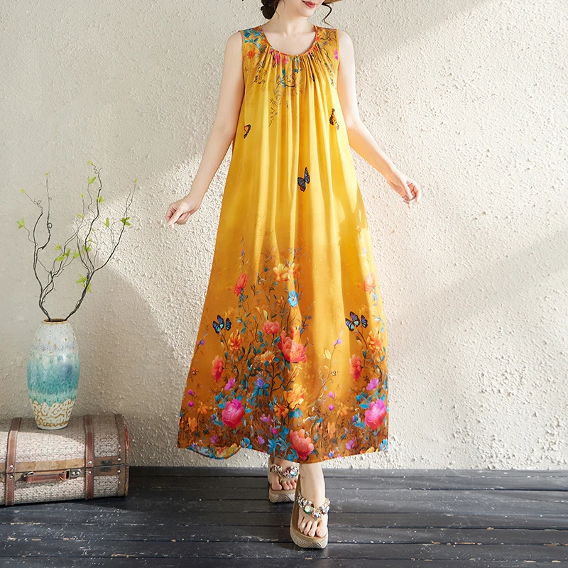 New Hot Casual 2026 Summer Dress For Women Sleeveless Elegant Vintage O-Neck Plus Size Floral Print Dresses Women Clothing