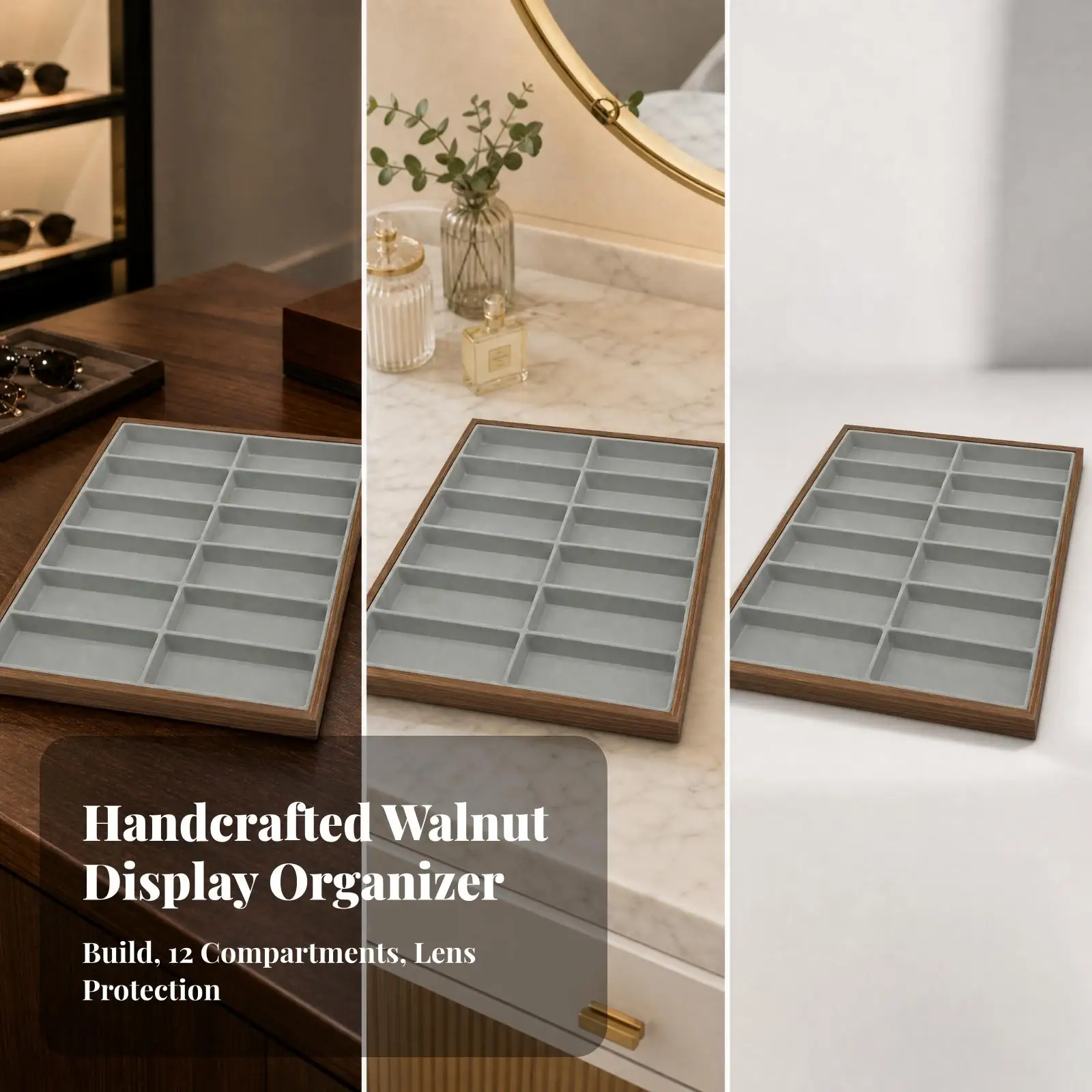Wood Glasses Display Rack Decorative Tray with Gray Flocked Slots for Retail Counter and Dressing Table Use