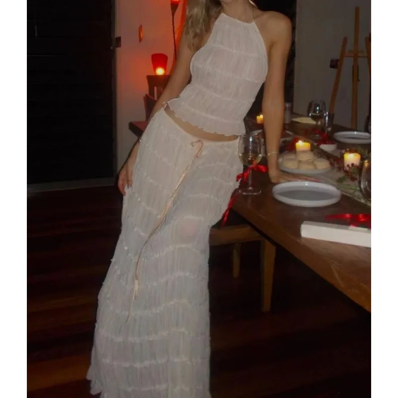 女性用ボヘミアンセクシーバックレスマッチングスーツ2ピースビーチホリデーコーデヴィンテージ風ギャザーホルターキャミトップス+マキシロングスカートパーティー