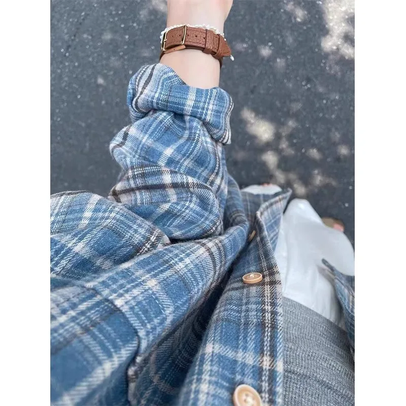 

Blue Plaid Flocking Long Sleeve Shirt Korean Style Casual Spring Autumn Women's Oversize Loose Fit Versatile Ladies Shirt
