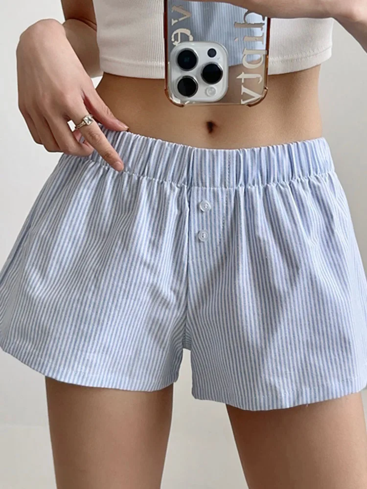 Gestreepte print casual shorts voor dames, elastische taille, mode, knoopbodems, streetwear chique basic Y2K losse shorts