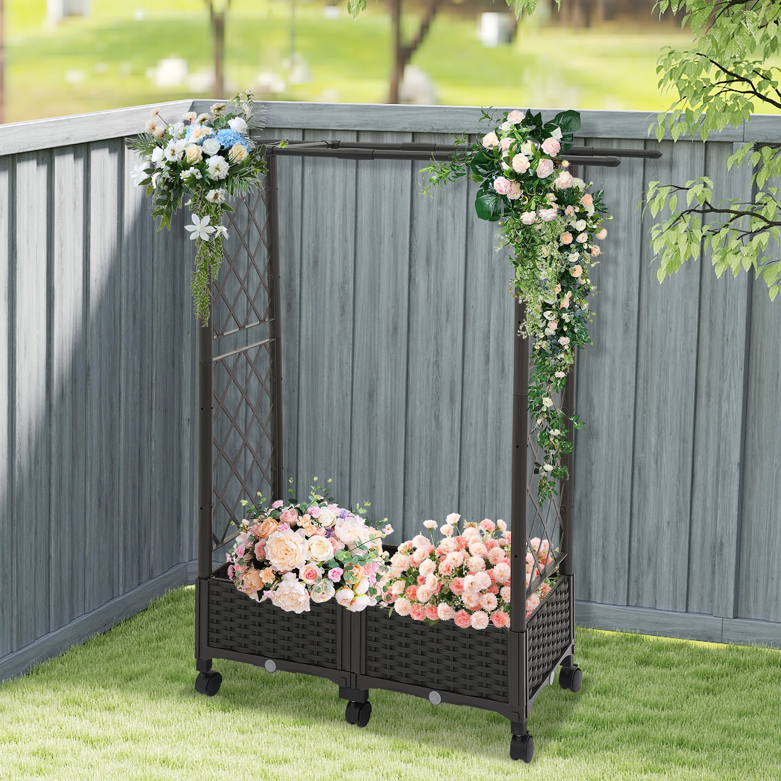 

Садовый ящик для цветов с колесиками, ящик для цветов с сетчатым узором, садовый ящик для цветов на заднем дворе, балкон, патио, 116x40x129,5 см, коричневый