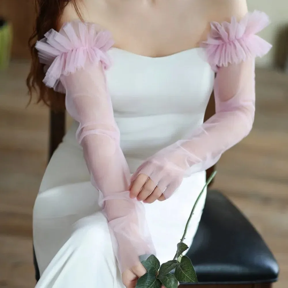 エレガントな長袖ブライダルスリーブ プリーツ取り外し可能なウェディングロングスリーブ 透明な複数の色のガーゼスリーブドレス