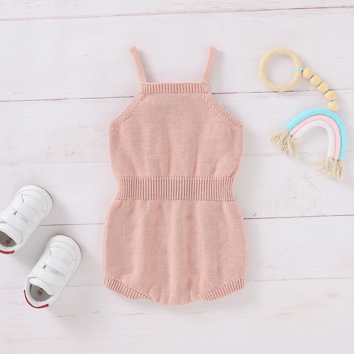 بدلة قفز قصيرة محبوكة بلون سادة للفتيات الصغيرات، بياقة مربعة بدون أكمام وحزام مجوف #3