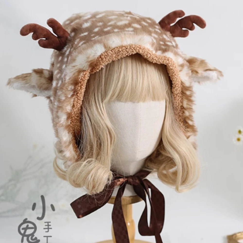 Harajuku Women's Girls Christmas Elk Spot Ear-flapped Hat Sweet Lolita Furry Cute Caps Winter Warmer ushanka Hat Headdress