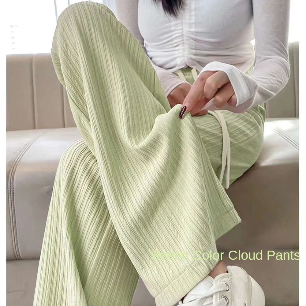 Summer New Bubble Milk Puff Cloud Pants Women\'s High Waist Slipping Narrow Straight Leg Casual Pants Cloud Puff Wide Leg Pants