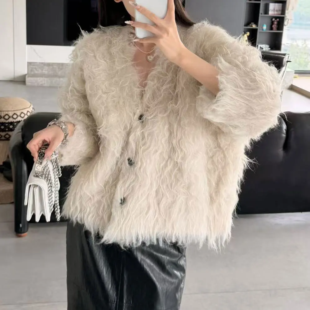 Women's Furry Knit Sweater Coat with Button - Warm Autumn Cardigan
