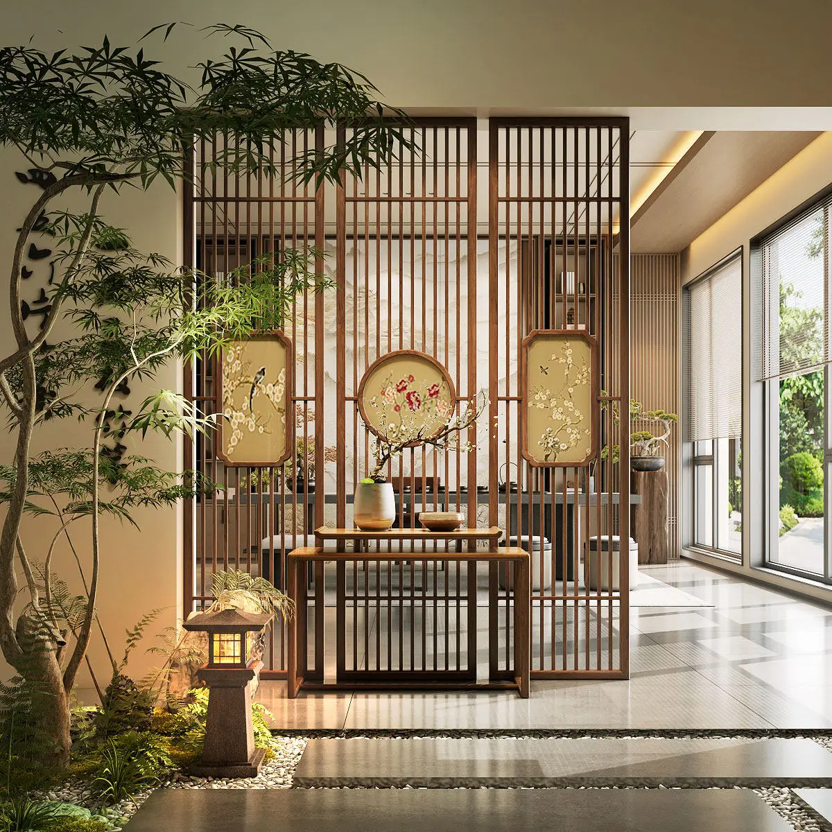 Chinese partition screen solid wood lattice hollow porch blocking living room log grille