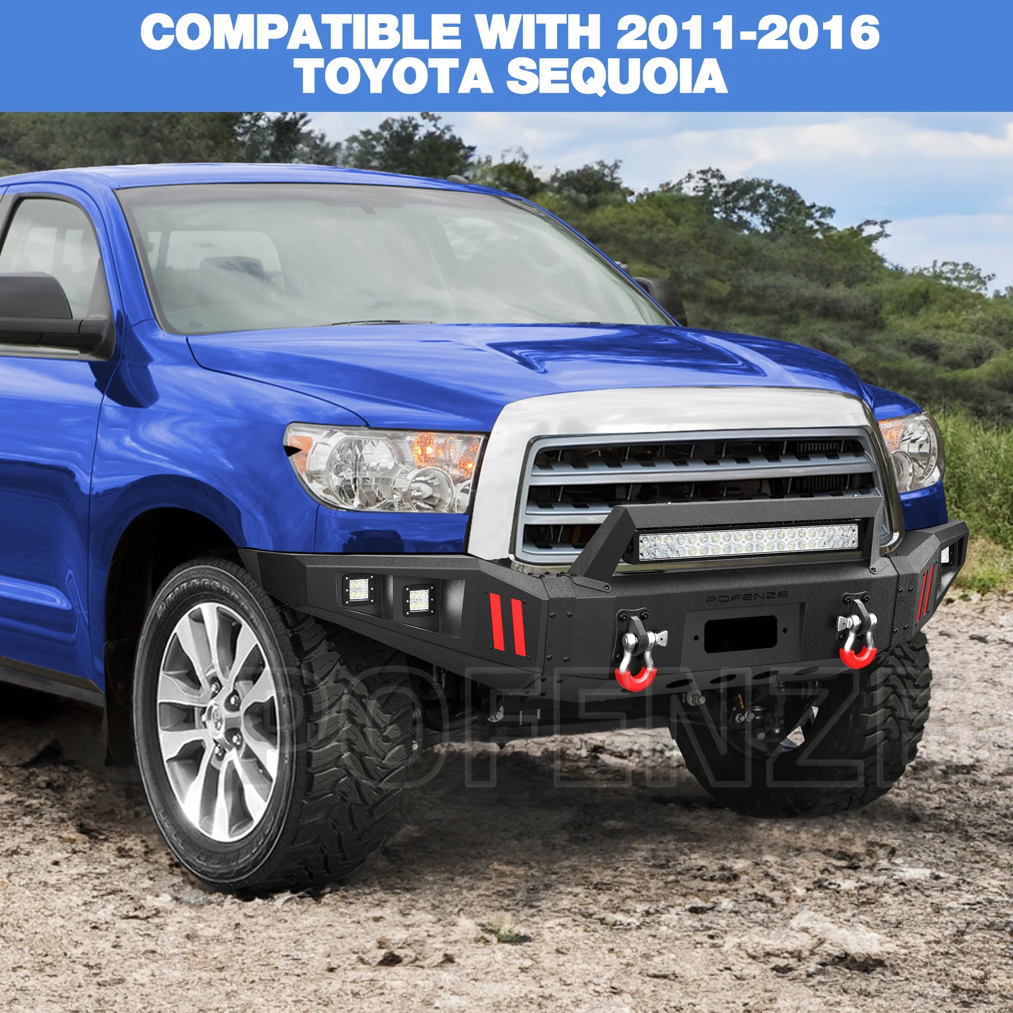 

Front Bumper for Toyota Sequoia 2011-2016, Textured Black Stainless Steel Pickup Bumper with Lights and Winch Plate