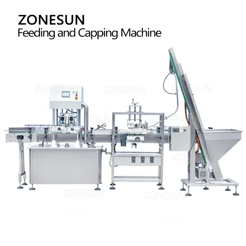 ZONESUN ZS-XGVS1 Tappatrice sottovuoto automatica a 4 teste con alimentatore per coperchio per linea di imballaggio di bottiglie di vetro, plastica e barattolo