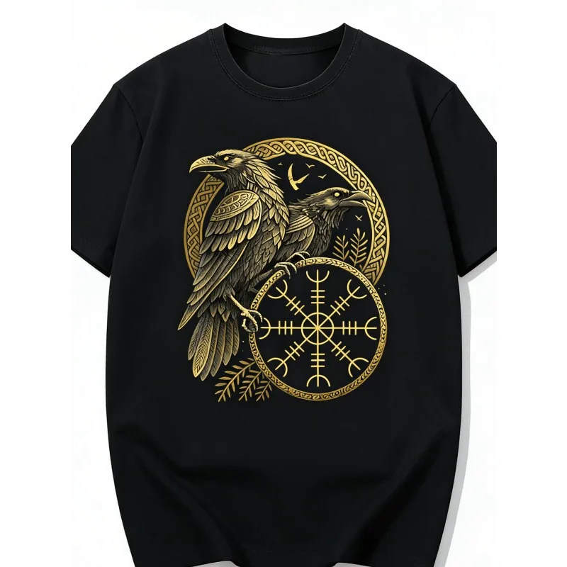 Men's Retro Viking Crow and Rune Talisman T-shirt Nordic Mythical Cotton Breathable Unisex Super Trendy Y2K T-shirt