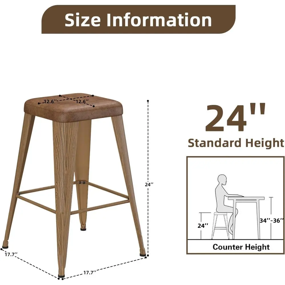 Set of 4, 24 Counter Height Bar Stools with Upholstered Backs and Metal Legs for Kitchen Island, Study Room, in Walnut Finish