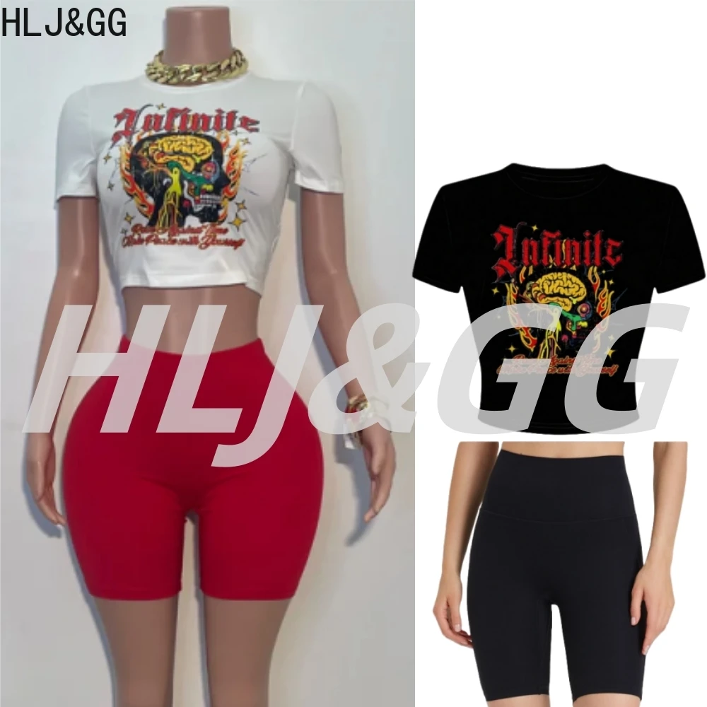 

HLJ&GG Summer New Pattern Printing Y2K Streetwear Women Round Neck Short Sleeve Crop Top And Shorts Outfits Fashion Streetwear