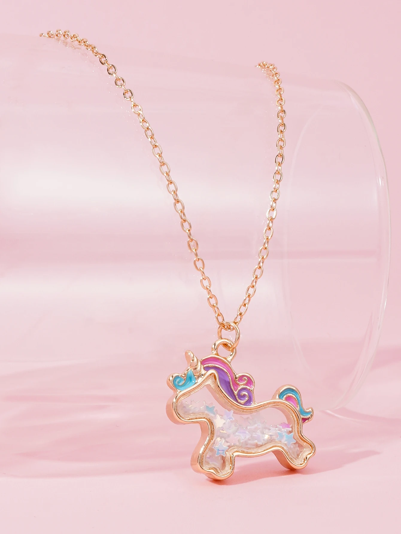 Cartoon-Tier Einhorn Bunter Stern Pailletten Shaker Anhänger Halskette für Mädchen Kinder Geburtstag Party Schmuck Geschenke – Detail 1