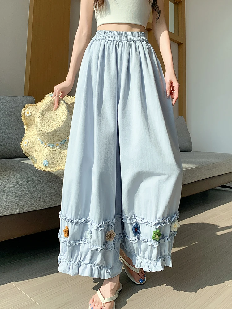 Sweet Casual Harem Pants Women Summer 3D Floral Ruffles Fashion Wide Leg Trouser Korean High Waist Loose Female Preppy Bloomers