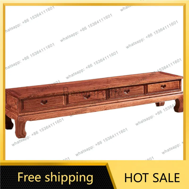 YJ Chinese Carved TV Cabinet African Padauk Solid Wood Media Unit For Living Room Console Home Display