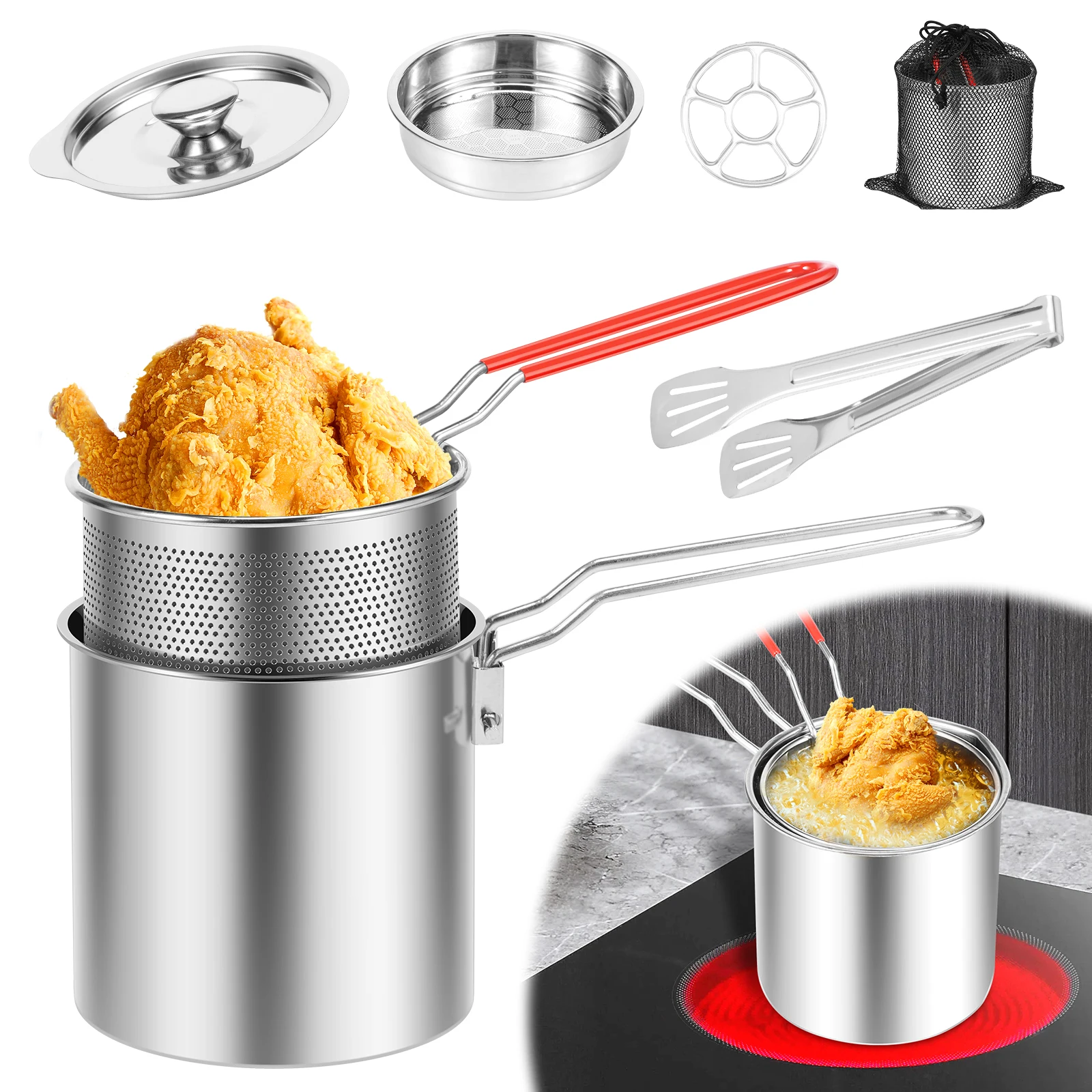 Deep Fryer Pots Stainless Steel Deep Frying Pot Portable Kitchen Oil Fryer Pots with Strainer Basket Handle and Lids for Cooking