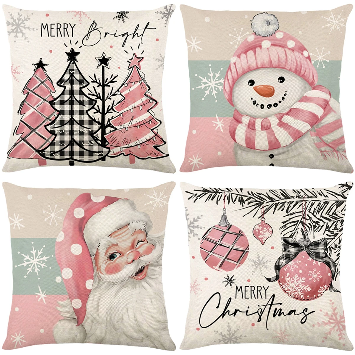 Christmas Pink Santa Claus Pillowcase Navidad Natal Noel Snowman Cushion Cover Merry Christmas Decor For Home 2024 New Year 2025