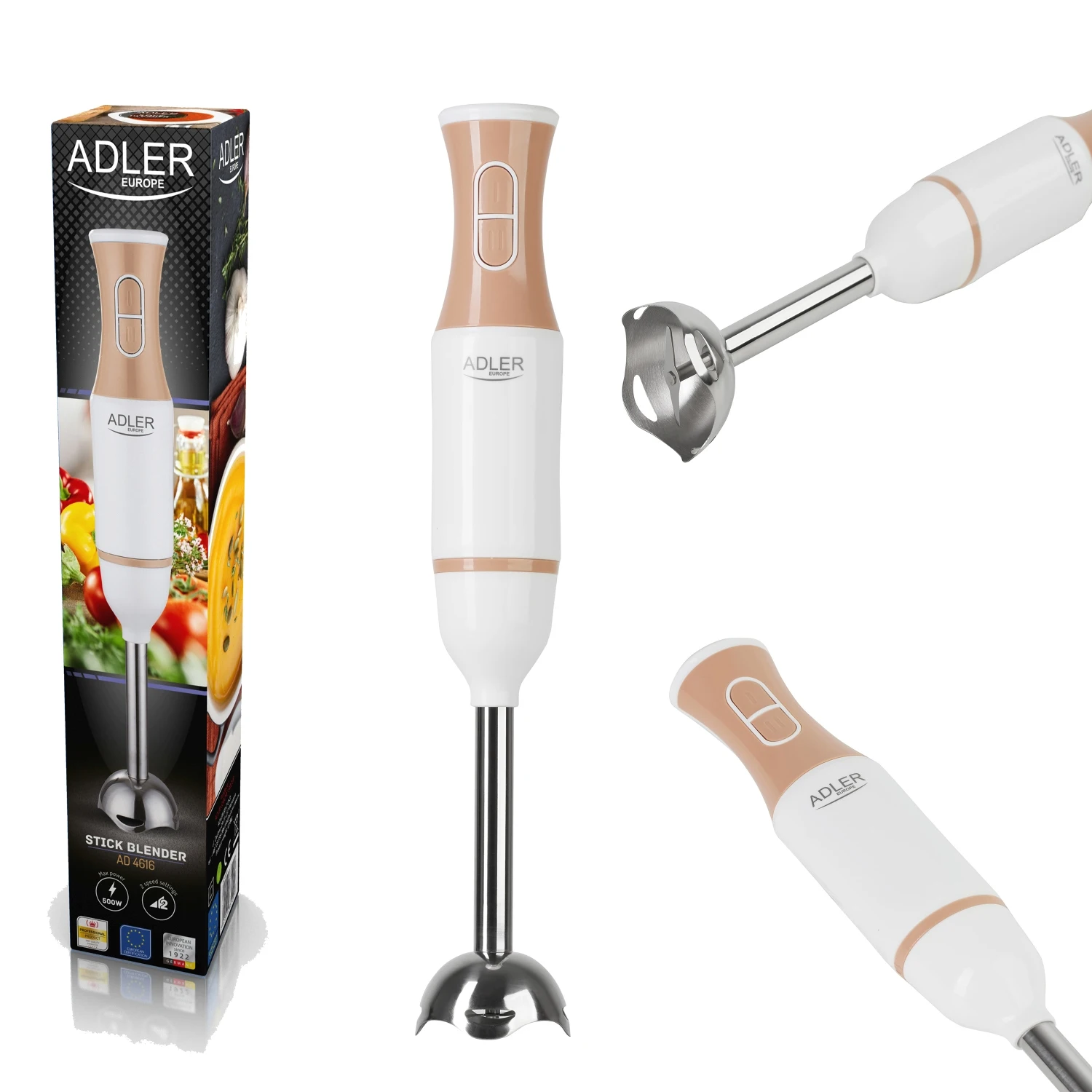 Immagine 4: Frullatore manuale da 500 W, acciaio inossidabile a 2 velocità, design elegante in oro bianco, perfetto per mousse e zuppe di panna