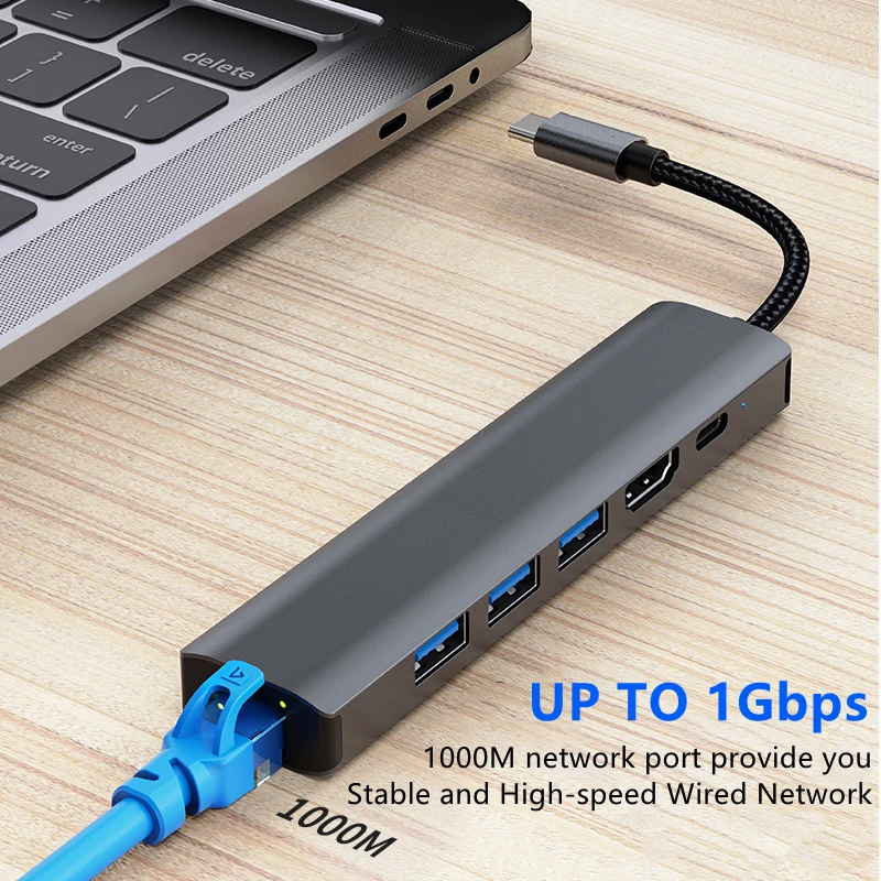 Док-станция 5/6 в 1, USB C, Gigabit 1000m, Ethernet, USB 3,0, HDMI, 4K, 100 Вт