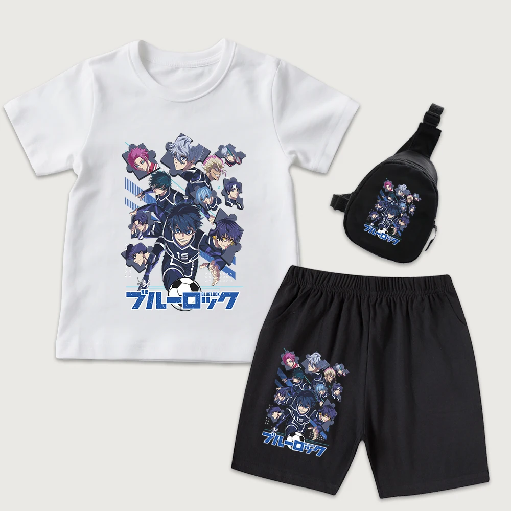 Blue Lock Characters Anime Print Summer Kids Outfit Short Sleeve T Shirt Shorts Mini Chest Bag 3 Piece Set for Boys and Girls