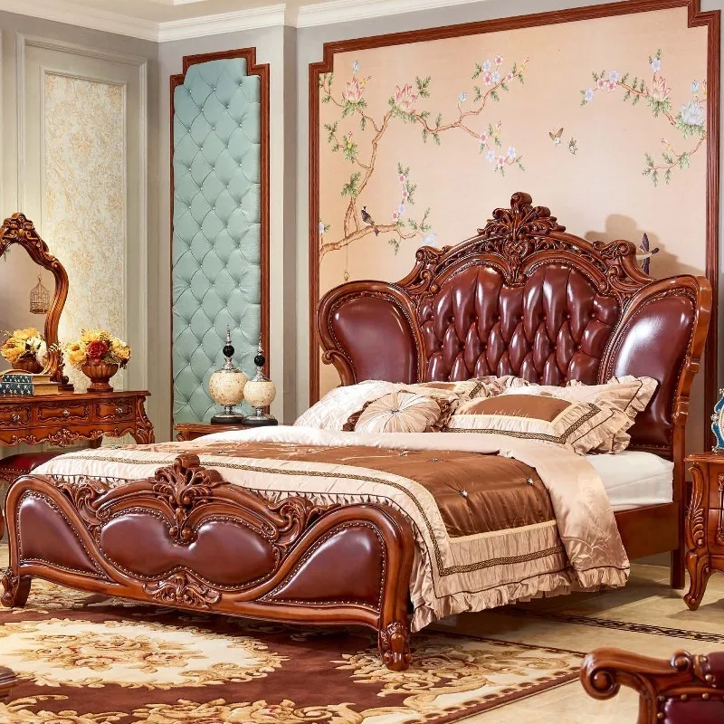 Hot Selling European Luxury Classic Carved Solid Wood Frame Leather Bed French Antique Royal Bedroom Furniture Single Double Bed view 2