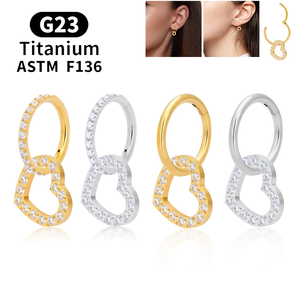 G23 Titanium Round Earrings Heart Pendant CZ Paved Ear Ring Hoop Hinged Segment Tragus Cartilage Helix Daith Piercing Jewelry