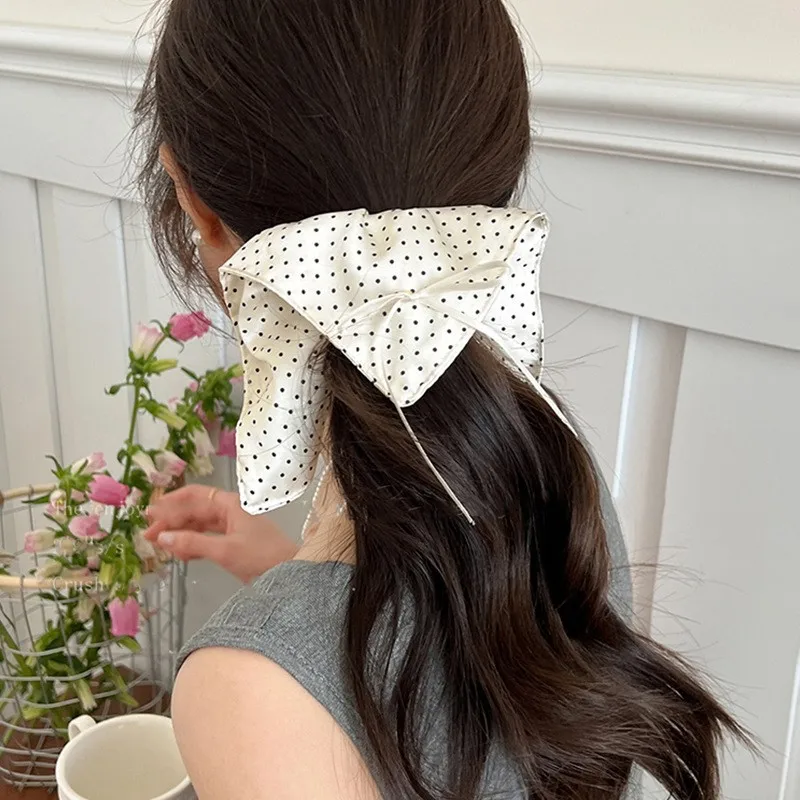 

Большие резинки для волос из белой квадратной ткани для женщин, черные резинки для волос с бантом и принтом в горошек, элегантные держатели для хвоста, праздничные аксессуары
