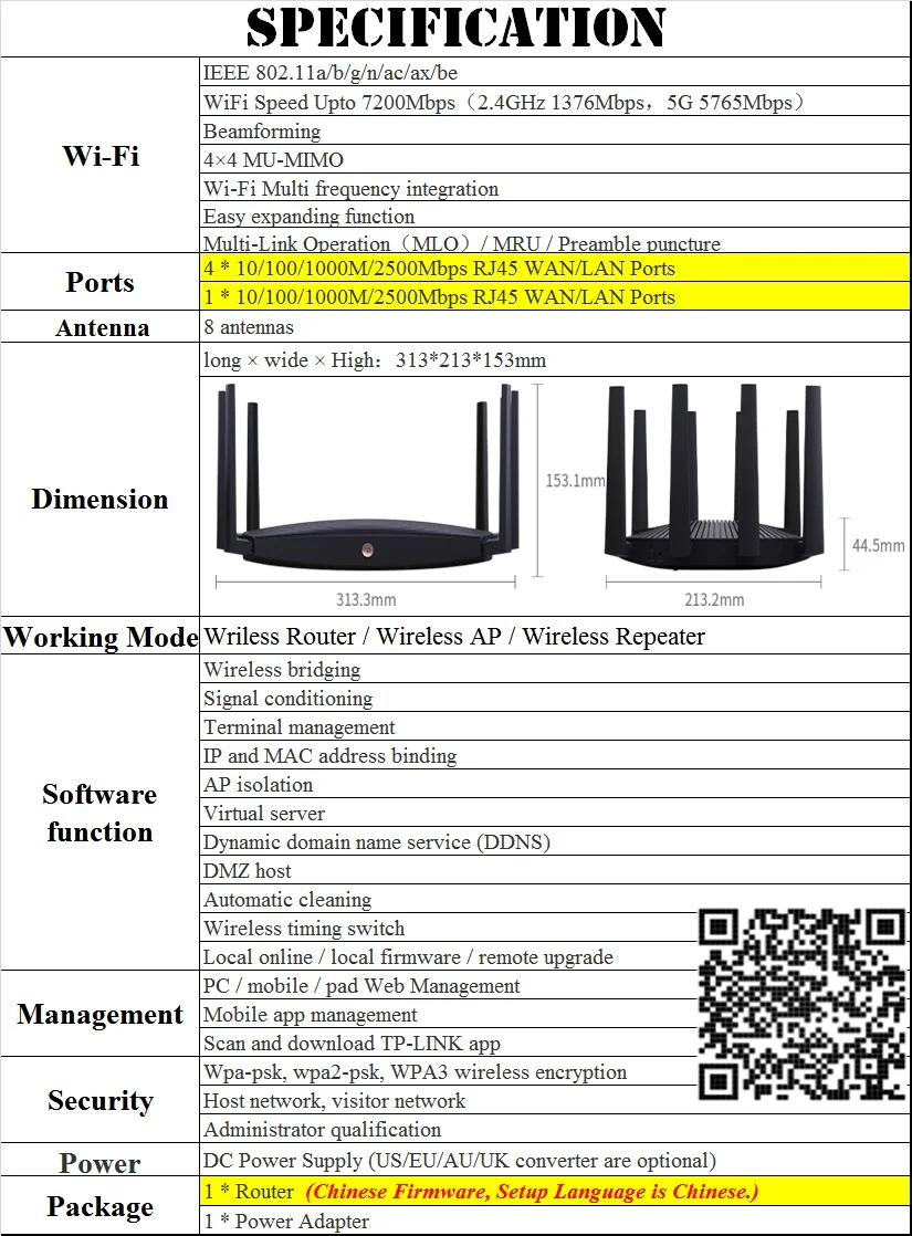 5*2.5G RJ45 WAN/LAN Ports, BE7200 7200Mbps WiFi7 Wireless Mesh Router Dual-Frequency Wi-Fi 7 IEEE802.11be, 2.4G 1376M, 5G 5765M