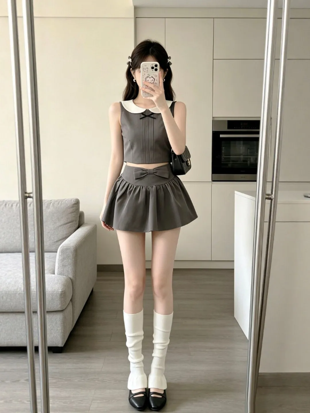 

Korean Style Summer Fashion Set Top Half Skirt Two-Piece Set Breathable Casual Wear Short Sleeve round Neck Knot